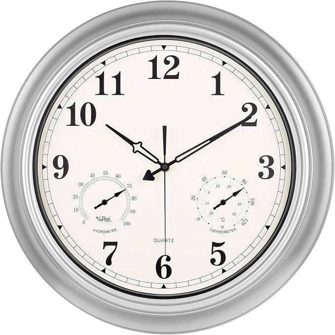 18 Inch Waterproof Outdoor Clock with Temperature and Humidity Combo - Battery Operated Wall Clock,Silent Large Easy to Read Outdoor Wall Clocks for Garage,Workshop,Cabin,Bathroom,Gazebo - Silver
