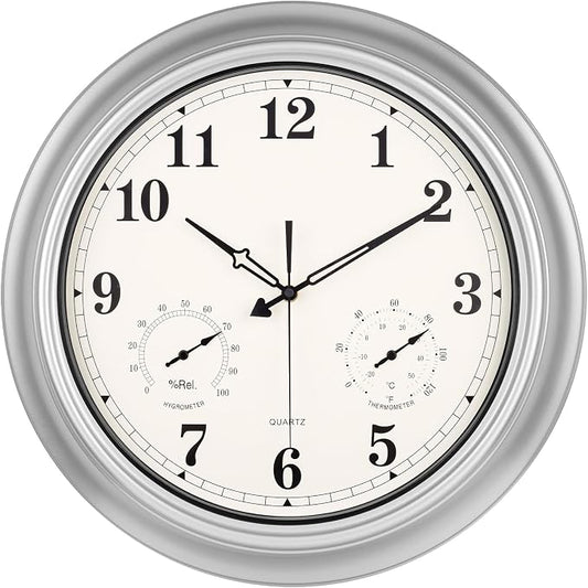 18 Inch Waterproof Outdoor Clock with Temperature and Humidity Combo - Battery Operated Wall Clock,Silent Large Easy to Read Outdoor Wall Clocks for Garage,Workshop,Cabin,Bathroom,Gazebo - Silver