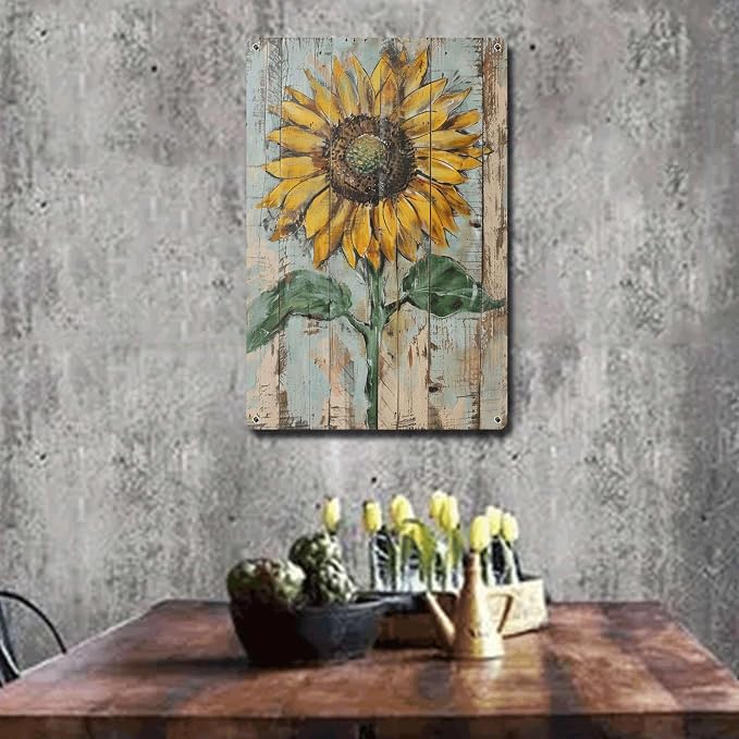 Metal Sign Tin Sign Vintage Wall Art Bright Yellow Sunflower Tin Sign for Vintage Shabby Chic Interiors Weathered Texture Displays and Home Deccor Store Home Decor for Bar 6×8 Inches
