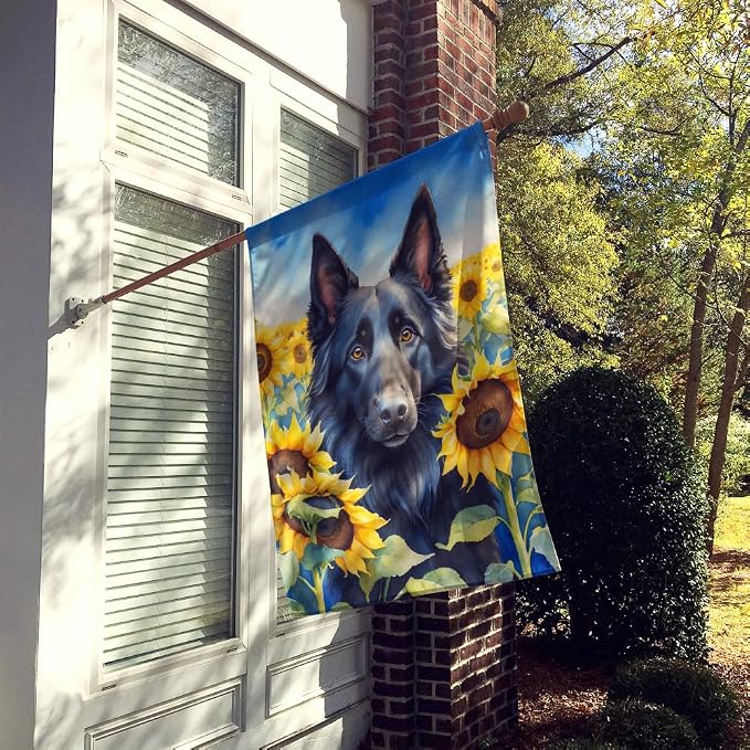 Caroline's Treasures DAC6023CHF Belgian Sheepdog in Sunflowers House Flag Large Porch Sleeve Pole Decorative Outside Yard Banner Artwork Wall Hanging, Polyester, House Size, Multicolor