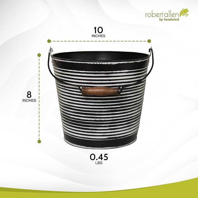 Headwind Robert Allen Vintage Ribbed Metal Planter with Handle, 10-Inch, Charcoal – Lightweight Indoor/Outdoor Flower Pot with Drainage Hole