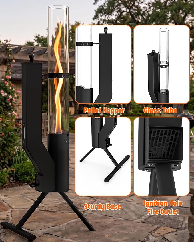 43" Wood Pellet Patio Heater with Glass Tube, Modern Fire Pit, Portable Pellet Heater for Camping Patio Backyard RV Tailgating, Add Warmth & Ambiance, FP056