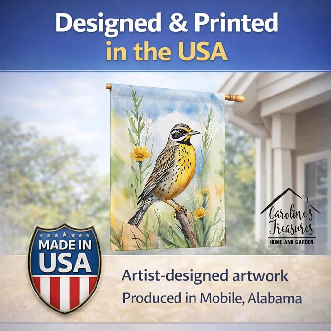 Caroline's Treasures North Dakota Western Meadowlark House Flag Large Porch Sleeve Pole Decorative Outside Yard Banner Artwork Wall Hanging, Polyester, House Size, Multicolor