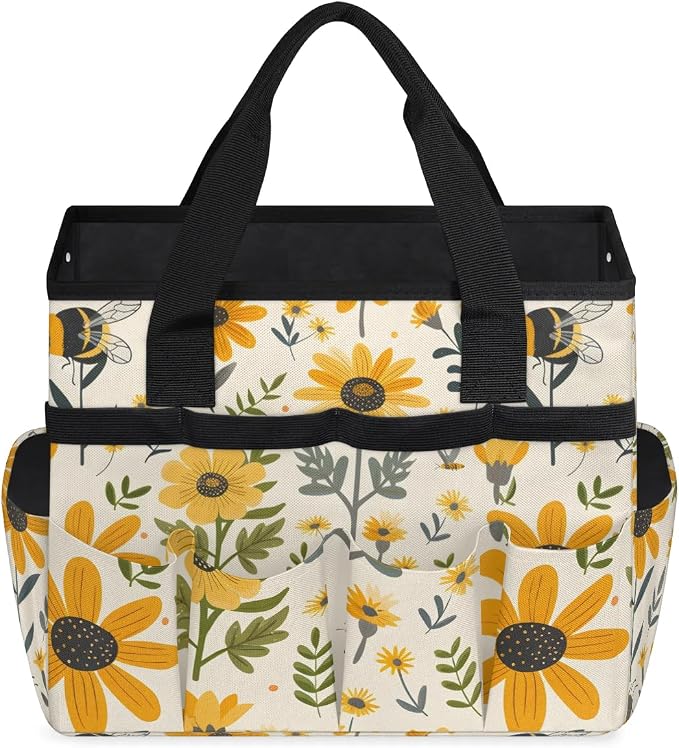 Bee Flower Garden Tool Bag for Women Waterproof & Reusable Heavy Duty Gardening Tote Storage Organizer Toiletry Bag with 10 Pockets for Garden Lawn Yard Casual Camp