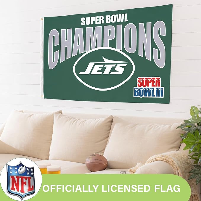 Team Sports America NFL New York Jets Multi-Win Superbowl Champions 3x5 Flag for Outside with Grommets | Outdoor & Indoor | Heavy Duty Flag & Banner | Works with Flag Pole for Outside House