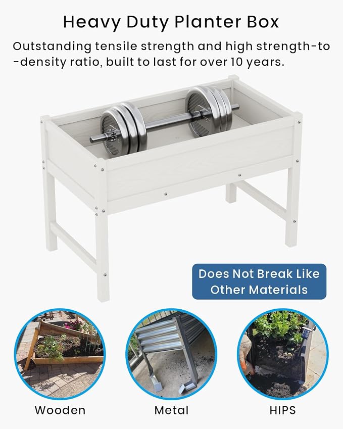 Weatherproof Raised Garden Bed, HDPE Outdoor Elevated Planter Box with Legs, Garden Box, Flower Beds for Patio, Deck, Balcony (White)
