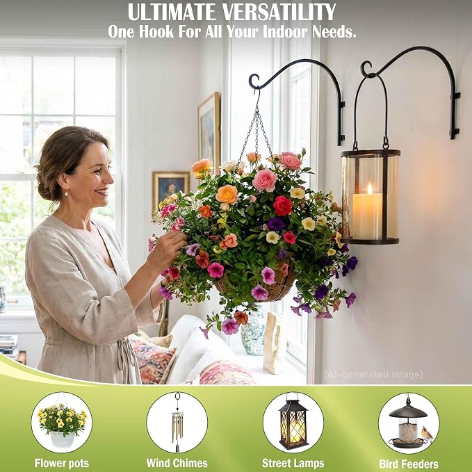 Lifyzoon Heavy Duty Hanging Plant Bracket: 50lbs Weight Capacity - Bird Feeder Hangers 2 Packs, 12-Inch Black Metal Plant Bracket Wall Hook for Birdhouse, Wind Chimes, Lanterns, Easy to Install