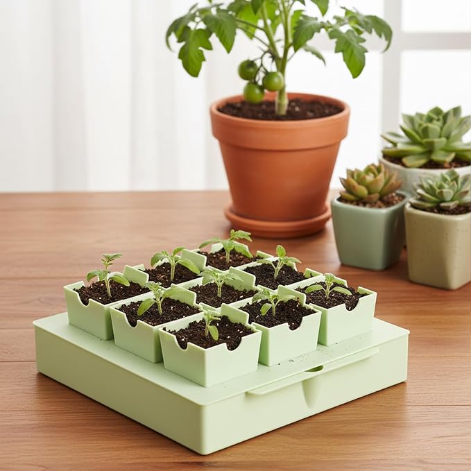 9 Cells Seed Starting Tray, Easy Transplant and Labeling Reusable 2.56 Inch | Deep Seed Starting Kit with Handle Thickened Seedling Tray Seedlings Starter Kit for Indoor, Outdoor, Greenhouse Use