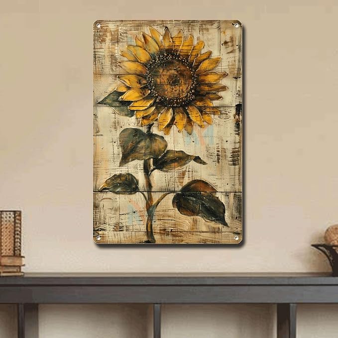 Metal Sign Tin Sign Vintage Wall Art Shabby Chic Sunflower Tin Sign for Rustic Wall Decor Antique Artistry and Distressed Wood Surface Wall Art for Club 12×16 Inches