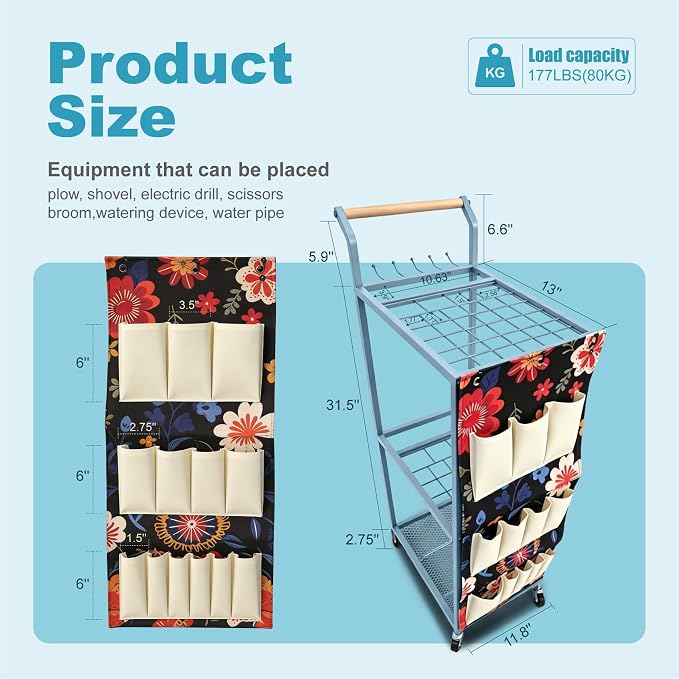 Garden Tool Organizer with Wheels 3 Tier Yard Tool Organizer Rack with Side Storage Pockets Sturdy Metal Steel Holder with 6 Hooks for Garage, Yard, Patio, Shed