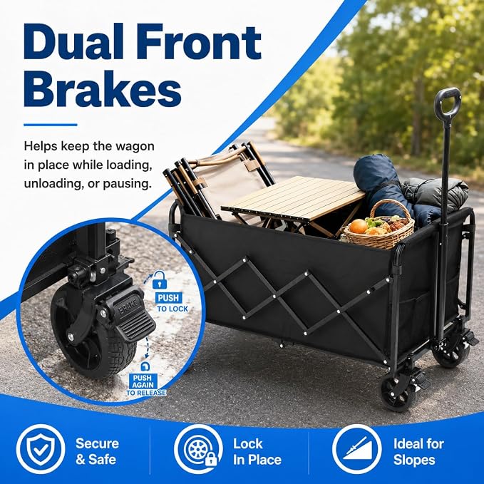 Wagons Carts Foldable, 500 lb 220L Collapsible Wagon with Brakes | Folding Wagon Cart with brakes, compact folding design and large storage for camping, groceries, sports and outdoor hauling