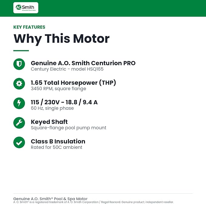 AO Smith/Century Electric Centurion PRO, Single Speed, 1.65HP, 3450RPM, 115/230V, 18.8/9.4 AMPS, 1SERVICE Factor, Square Flange