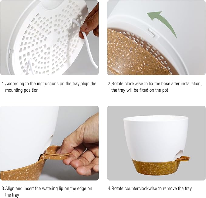 UOUZ Large Self Watering Pots, 12/10/9 Plastic Planters with High Drainage Holes and Deep Reservoir for Indoor Outdoor Garden Plants and Flowers, White with Brown