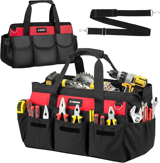Kingfun 16 Inch Heavy Duty Wide Mouth Tool Bag with 14 Pockets | Adjustable Shoulder Strap & Padded Handle, Durable Tool Storage Bag for Electricians, Mechanics & more (Red)