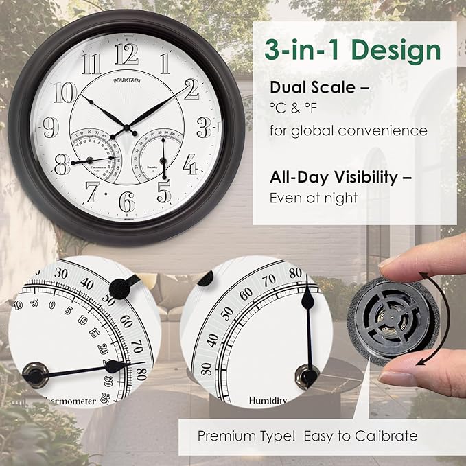 18 Inch Illuminated in/Outdoor Clock with Smart Sensor and Night Light, Waterproof, Large Wall Clock with Thermometer & Hygrometer for Patio,Pool and Garden Decor,Oil Rubbed Bronze