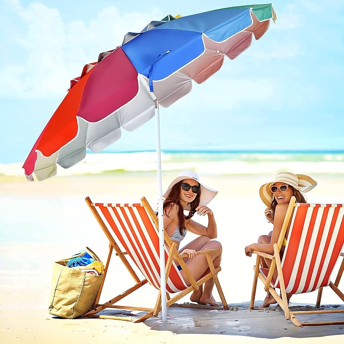 Tangkula 8FT Beach Umbrella, Portable Outdoor Sunshade Beach Umbrella with Sand Anchor & Tilt Mechanism, 16 Sturdy Fiberglass Ribs, Carrying Bag for Garden, Patio (Rainbow)