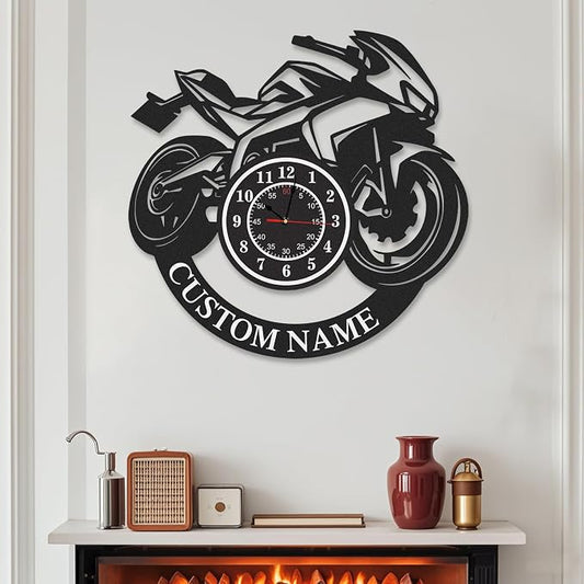 Personalized Motorcycle Wall Clock, Custom Name Outdoor Clocks Waterproof, Non Ticking, Battery Operated, Modern Metal Wall Clock Decor for Garage Workshop Farmhouse Man Cave, Gift for Men