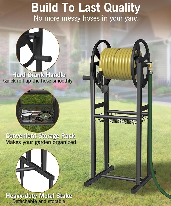 Garbuildman Ground Mount Garden Hose Reel Holds 125 Feet of 5/8-Inch with 3.9 ft Leader Hose, Brass Fitting, Water Hose Holder Stand with Storage Rack & 4 Spikes Base for Outdoor Lawn, Black