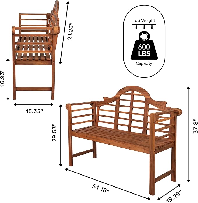 JONATHAN Y Lutyens 51" Acacia Wood Outdoor Bench, 2-Person Garden Bench with Arched Slatted Back and Armrests for Patio, Porch, Backyard, 600 lbs Capacity, Teak Finish BNH103A
