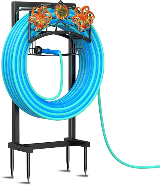 Garden Hose Holder for Outside, Freestanding Water Hose Holder Storage with Storage Basket, Heavy Duty Metal Hose Reels Hanger Stand Organizer with 4 Spikes for Yard Lawn Black