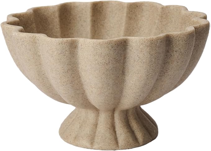 Pedestal Decorative Bowl Home Decor - 7.9" Morden Resin Handmade Decorative Fruit Bowl for Kitchen Counter, Chic Ruffle Bowl Centerpiece Decor for Dining Table Coffee Table (Artificial Stone Beige)
