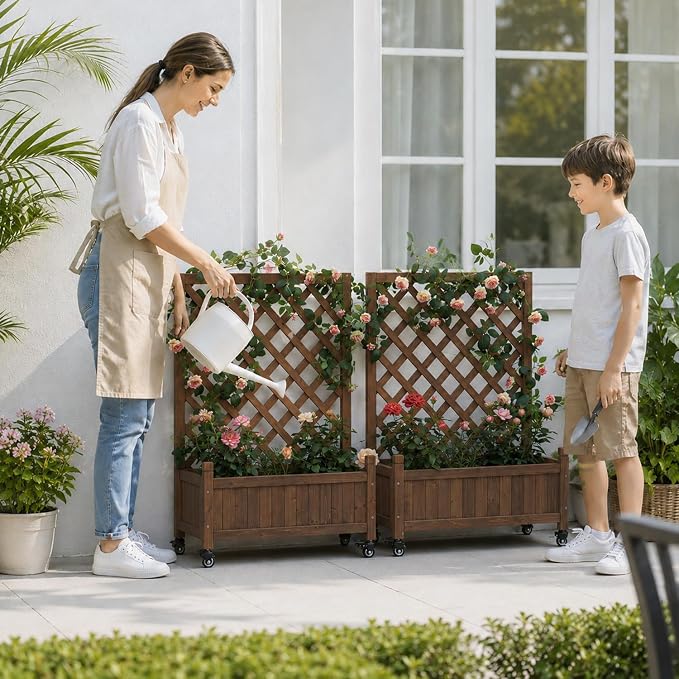 2 Pack Trellis Raised Garden Bed with Wheels, 38" Tall Wooden Planter Box with Trellis, Lattice Privacy Screen with Drainage Holes for Patio Balcony Garden