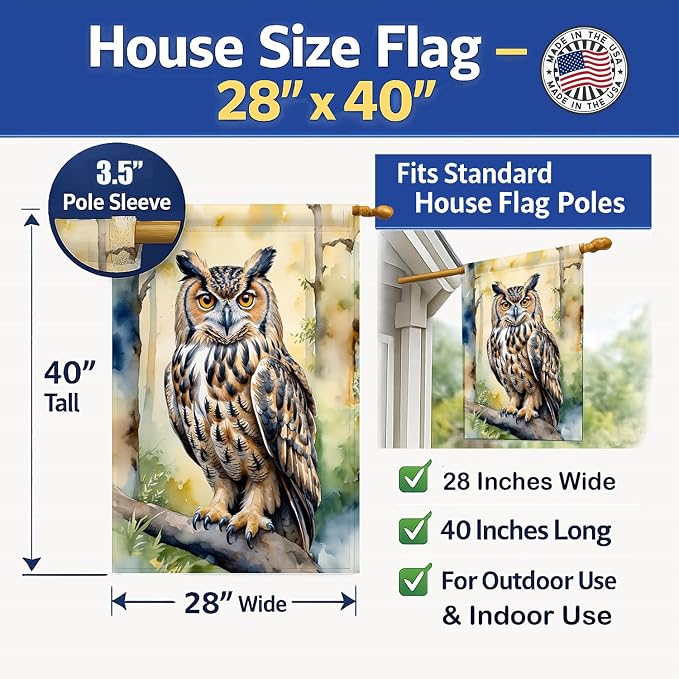 Caroline's Treasures Eurasian Eagle Owl House Flag Large Porch Sleeve Pole Decorative Outside Yard Banner Artwork Wall Hanging, Polyester, House Size, Multicolor