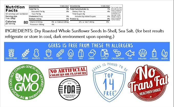 Lightly Sea Salted Sunflower Seed in Shell by Gerbs - 2 LBS - Top 11 Food Allergen Free & Non GMO - Premium Dry Roasted Seeds – COG USA