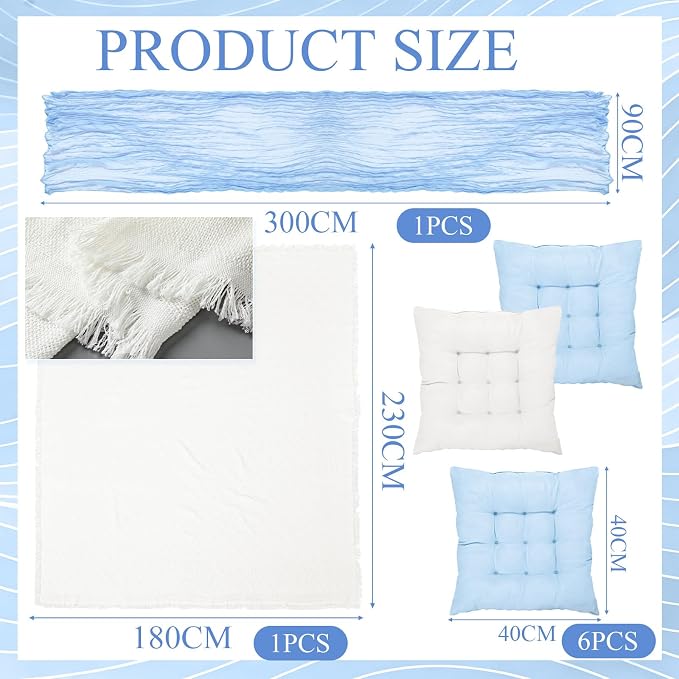 Extra Large Outdoor Picnic Blanket with Table Runner and Floor Pillow Cushion for Picnic Wedding Birthday Baby Shower Backyard Decor(91 x 71'',Light Blue,White,8 Pcs)