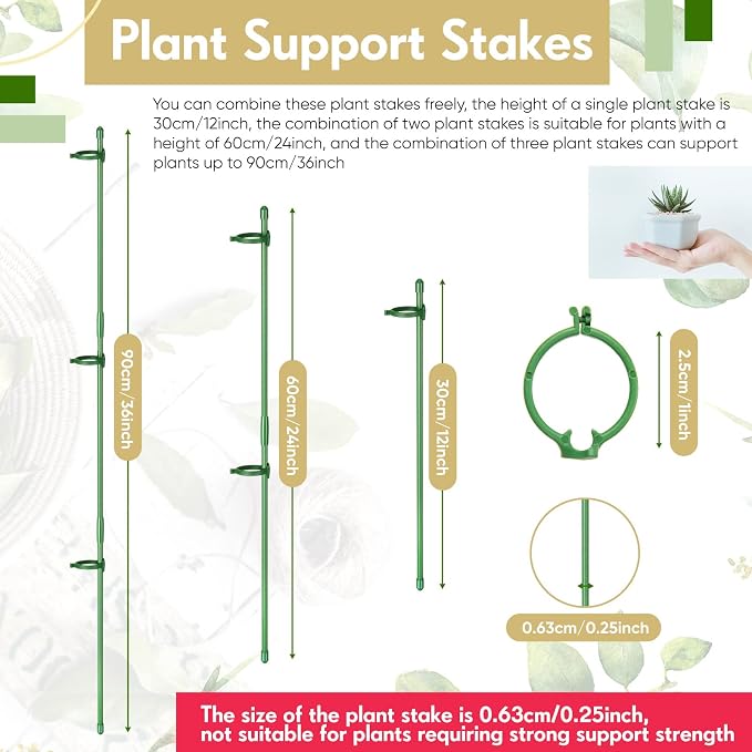 meekoo 60 Pcs 12 Inch Adjustable Plant Support Stakes for Indoor Outdoor Garden Orchid Stick Single Stem Plant Cage Support Rings with Clips and Connect Pipe for Tomato Flowers, Potted Plants (Green)