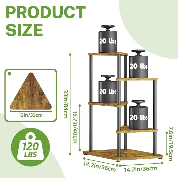 iDavosic.ly Tall Plant Stand Indoor for Large & Heavy Duty Planters, 4 Tier Corner Flower Shelf with Wooden Trays & Metal Frame, 33 Inch Orchid Rack for Living Room Balcony Porch, Black & Brown