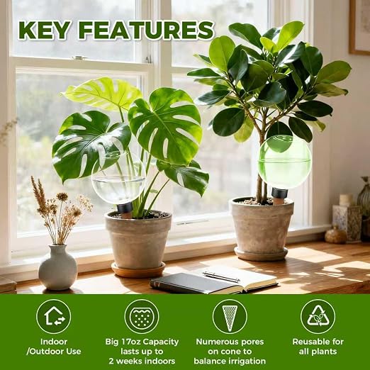 4 Pcs Self Watering Globes Plastic Automatic Watering Planter for Indoor Plants 17.5 oz drip Irrigation Watering Bulbs with Slow Release Control (Green)