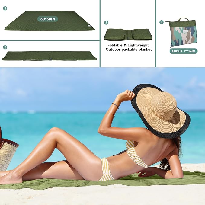 Solaris Waterproof Picnic Blanket, Lightweight 50” x 60” Foldable Sandproof Beach Blanket with Large Pocket, Portable Outdoor Camping Blanket Great Couples Gift Ideas, Green Camo