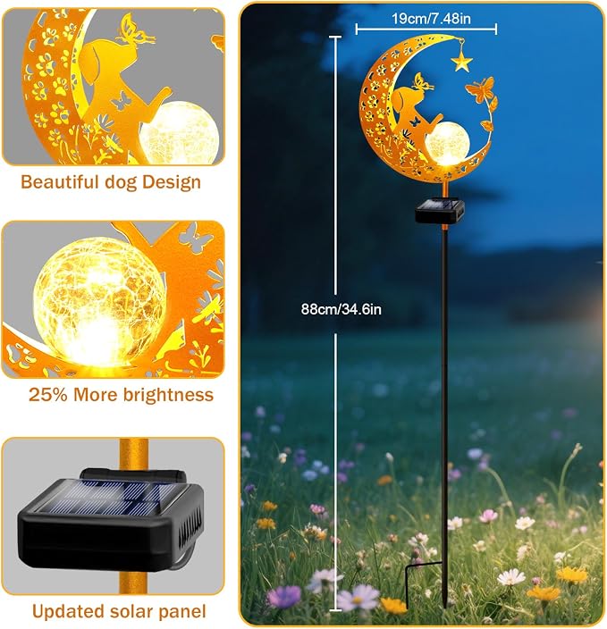 Solar Garden Lights Waterproof, Gift for Women Mom Grandma Wife Daughter, Dog Pathway Stake Lights, Glass Globe with Moon Dog Decor, Outdoor Decor Lights for Walkway Yard Lawn Patio Courtyard Garden