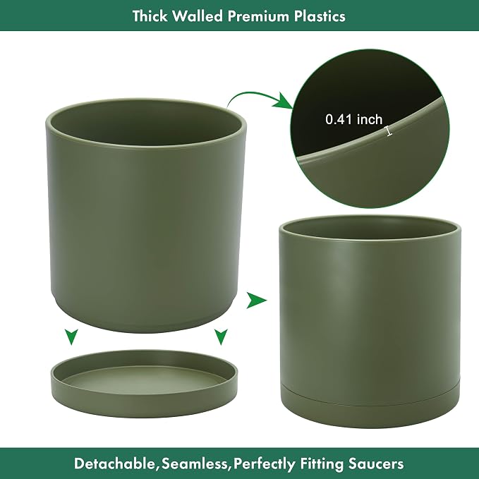 D'vine Dev 14 Inch Plastic Planter Pots for Plant Pot with Drainage Hole and Seamless Saucers, Olive, 74-X-I-4