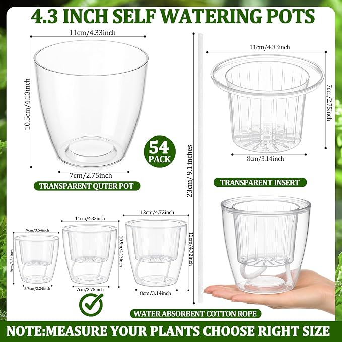54 Pcs Self Watering Pots 4.3 Inch Plastic Flower Plant Pot with Inner Pot Self Watering Wick Planter White Clear Flower Pots for Indoor House Plants Herbs, Flowers, Succulents (Transparent)