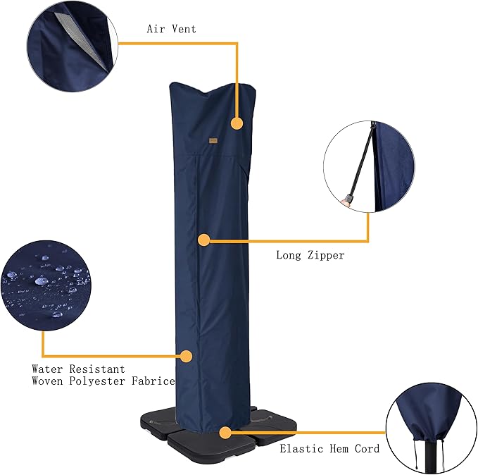 Patio Umbrella Cover for 9ft to 13ft Offset Umbrella, Water Resistant, Curved Cantilever and Straight Pole Parasol Outdoor Umbrellas Cover with Zipper and Rod Dark Blue
