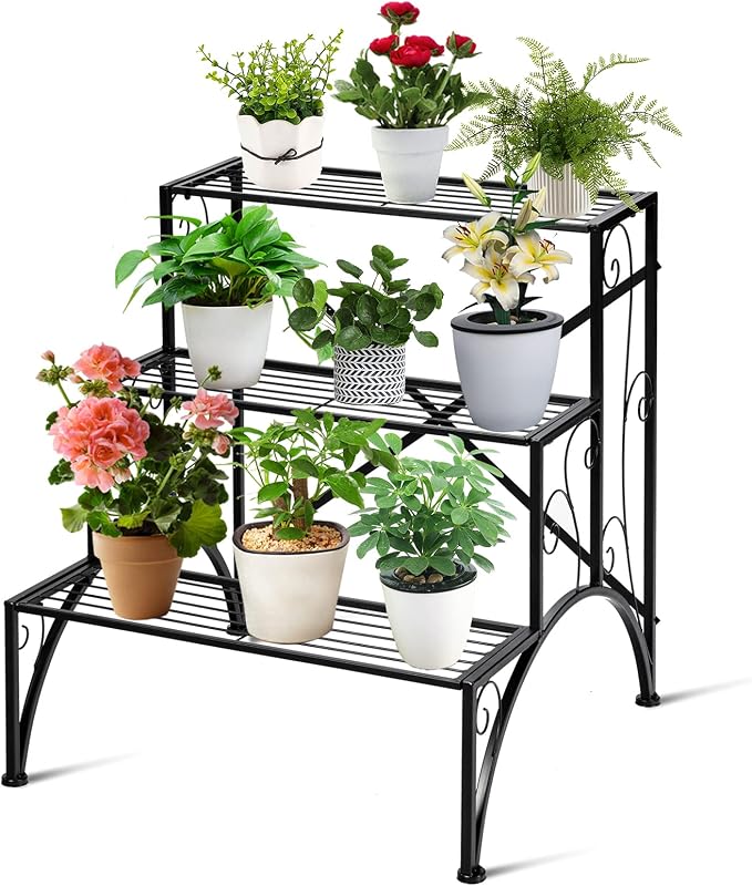 Giantex 3 Tiers Metal Plant Stand, Ladder Flower Pots Outdoor w/ 132 lbs Capacity, Heavy Duty Garden Display Shelf Flower Pot Holder Utility Storage Organizer Rack for Indoor Home Garden Patio Balcony