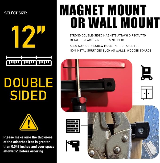 Double Sided Magnetic Tool Holder, 12 Inch Magnetic Tool Bar, Heavy Duty Wall Mount Strip with Ultra Strong Magnet for Garage, Workshop, Jobsite, Shed and Kitchen (2 Pack)