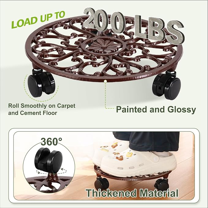 3 Packs 11 Inch Rolling Plant Stand with Wheels Wrought Iron Rolling Plant Stand with Casters Heavy Duty for Indoor Plants Rollers with Wheels, Metal Round Plant Dolly