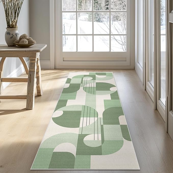 2x6 Green and White Geometric Boho Runner Rug for Kitchen Entryway Hallway Abstract Area Rug Machine Washable Non-Slip Carpet for Bedroom Bathroom Bedside
