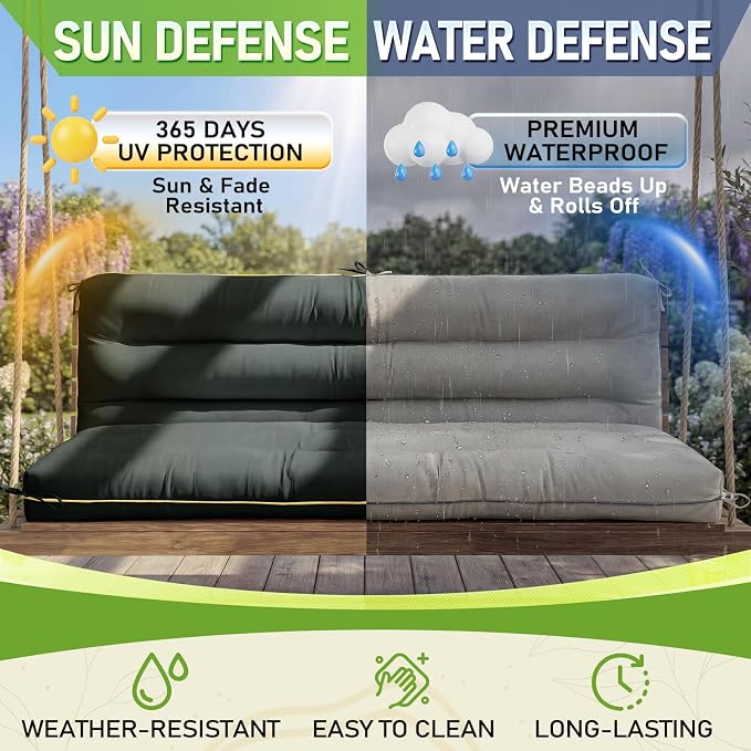 60×40 INCH Outdoor Swing Cushion with Backrest, Tie Straps & Memory Foam - Replacement for Porch Bench 2/3 Seater, Oxford Fabric (Gray, 60 INCH × 40 INCH)