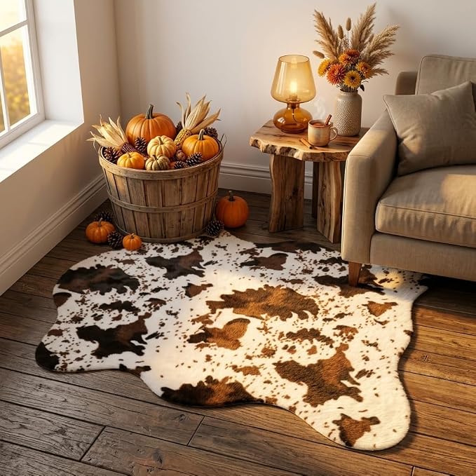 MustMat Faux Cow Print Rug, Modern Rustic Decor Rug 4'7" x 5'3" | Great for Living Room Corners & Fireplaces. Fits Western, Ranch Styles, Ideal for Christmas and Thanksgiving Decor