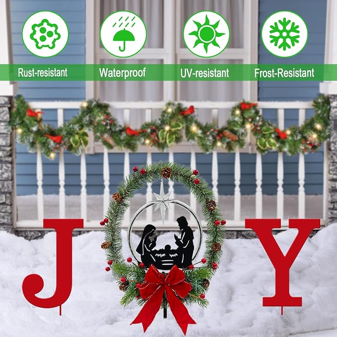 3Pack Solar Lights Christmas Joy Sign,Metal Nativity Scene Outdoor,Silhouette Nativity Set Decoration Outside for Yard Stake