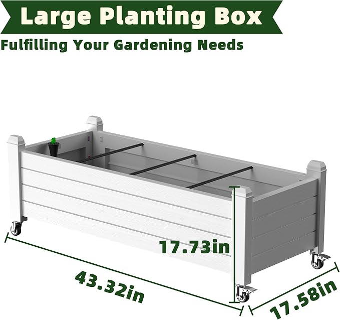 Vixzen Mobile Raised Garden Bed with Lockable Wheels, Resin Outdoor Planter Box with Drainage for Vegetables, Flowers, Herbs in Patio, Yard, Balcony (Gray, 43.31 * 17.72 * 17.56)