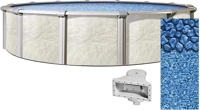 Lake Effect Pools 'Fallston' 24' Foot Round Above Ground Swimming Pool | 52" Inch Height | Boulder Swirl Overlap Liner and Widemouth Skimmer Bundle | Resin Protected Steel Sided Walls