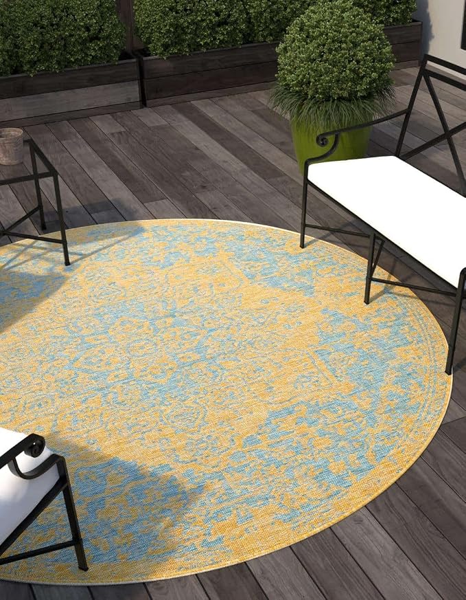 Unique Loom Jill Zarin Outdoor Collection Area Rug - Dubai (6' 7'' Round, Yellow and Aqua/ Light Blue)