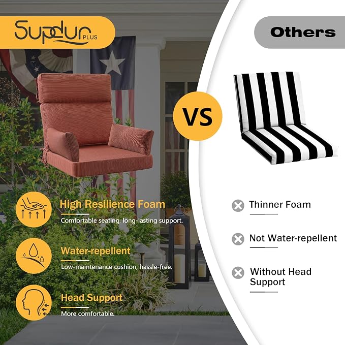 Outdoor High Back Chair Cushion, 2 Pack 48 x 24 inches Patio Chair Cushions Water Repellent Rocking Cushions Indoor Furniture Seat Pad with 2 Pillows, Dark Yellow Tan Stripe