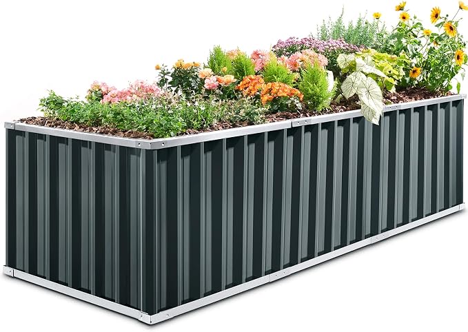 KING BIRD Galvanized Raised Garden Bed with 2 Installation Methods for DIY, 101" x 36" x 24" Heightened Planter Kit Box Outdoor for Deep-Rooted Vegetables, Flowers, Dark Grey