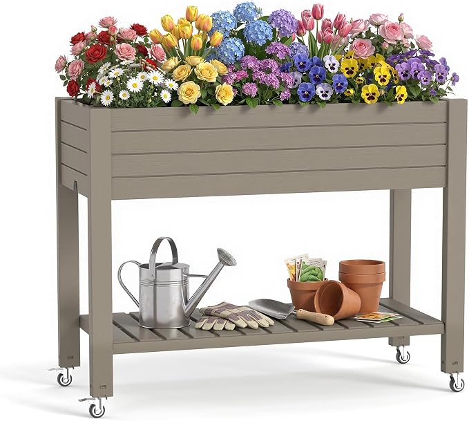 Vixzen Raised Garden Bed Outdoor,Reinforced Large Planter Box with Wheels & Storage Shelf,Mobile Planter Bed Box for Backyard, Patio, Balcony (Light Brown, 21Gal（43.31"×17.72"×33.66"）)